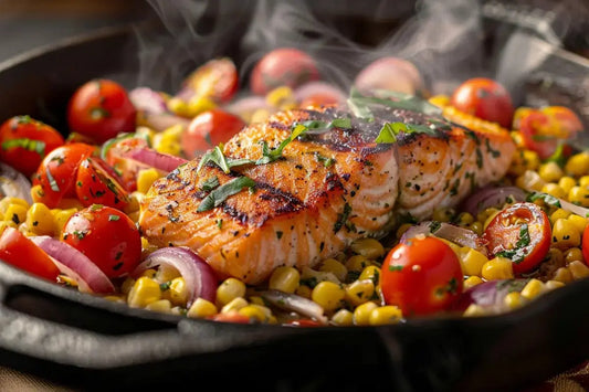 Baked Salmon With Corn, Burst Tomatoes & Basil Vinaigrette - Organo Republic