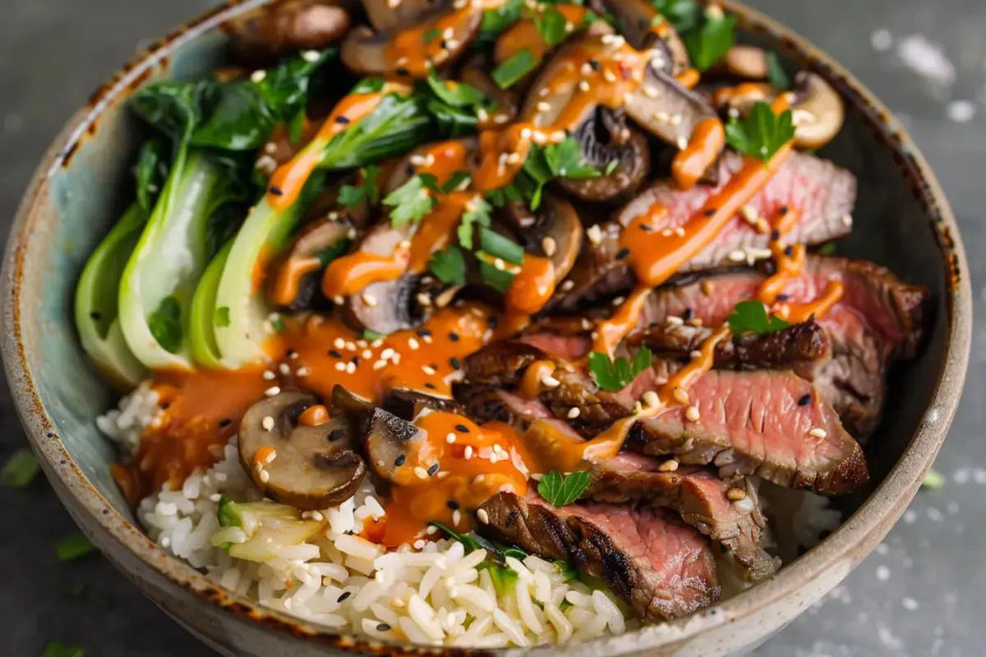 Beef, Mushroom & Bok Choy Bowls With Siracha Mayo - Organo Republic