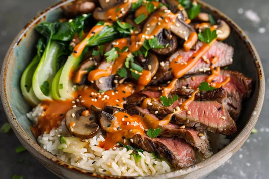 Beef, Mushroom & Bok Choy Bowls With Siracha Mayo - Organo Republic