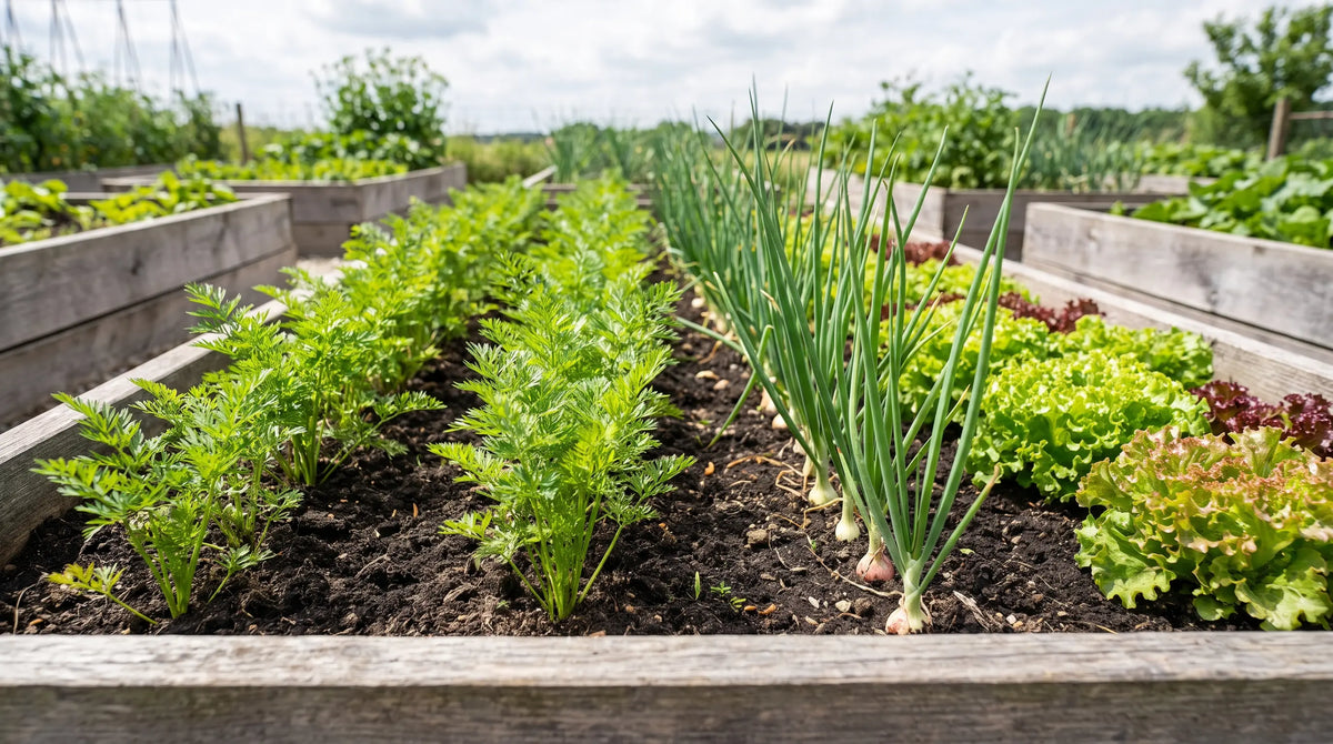 Rows of carrots growing beside onions and lettuce in a tidy garden bed