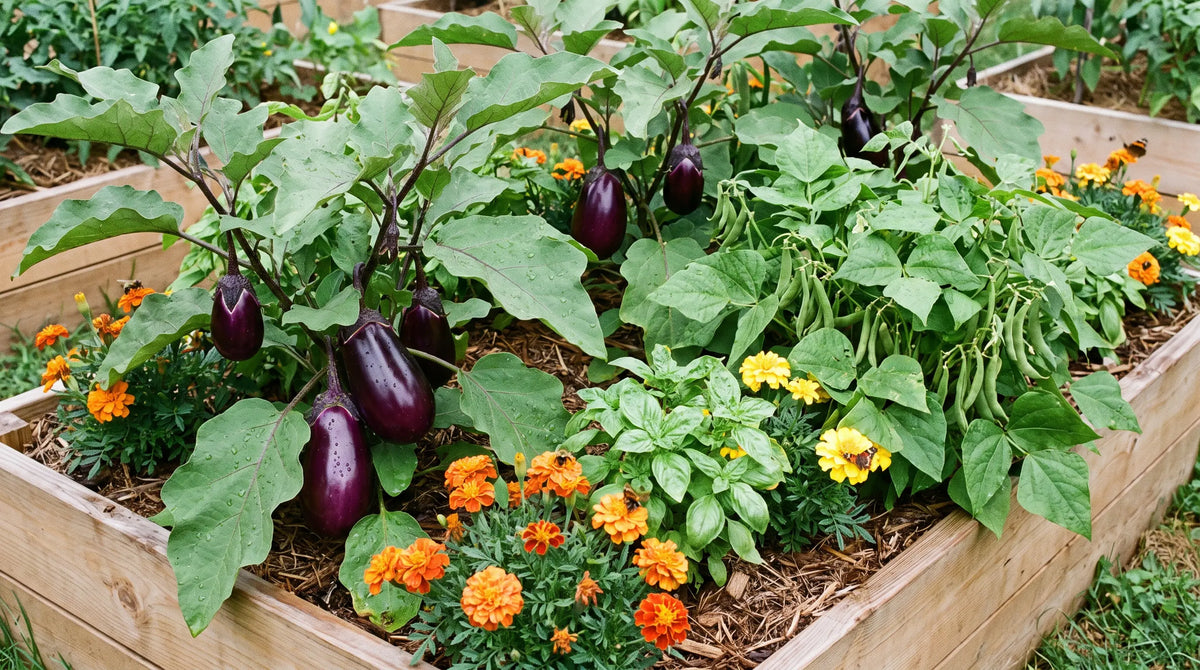 Eggplant with purple fruit growing among bush beans, basil and marigolds - Organo Republic
