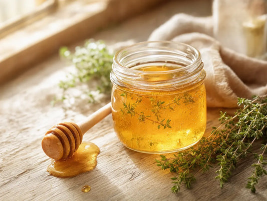 A jar of homemade honey and thyme syrup with fresh thyme sprigs