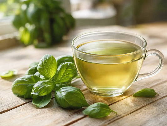 A cup of basil herbal tea with fresh basil leaves