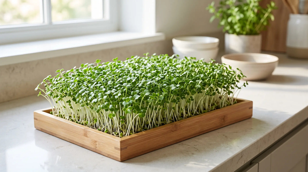 Tray of fresh alfalfa microgreens