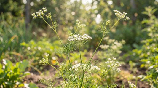 Full-grown anise plant with lacy foliage and white flower umbels in a sunny herb garden