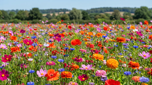 Lush annual wildflower meadow in full bloom with mixed cosmos, poppies, cornflowers and zinnias