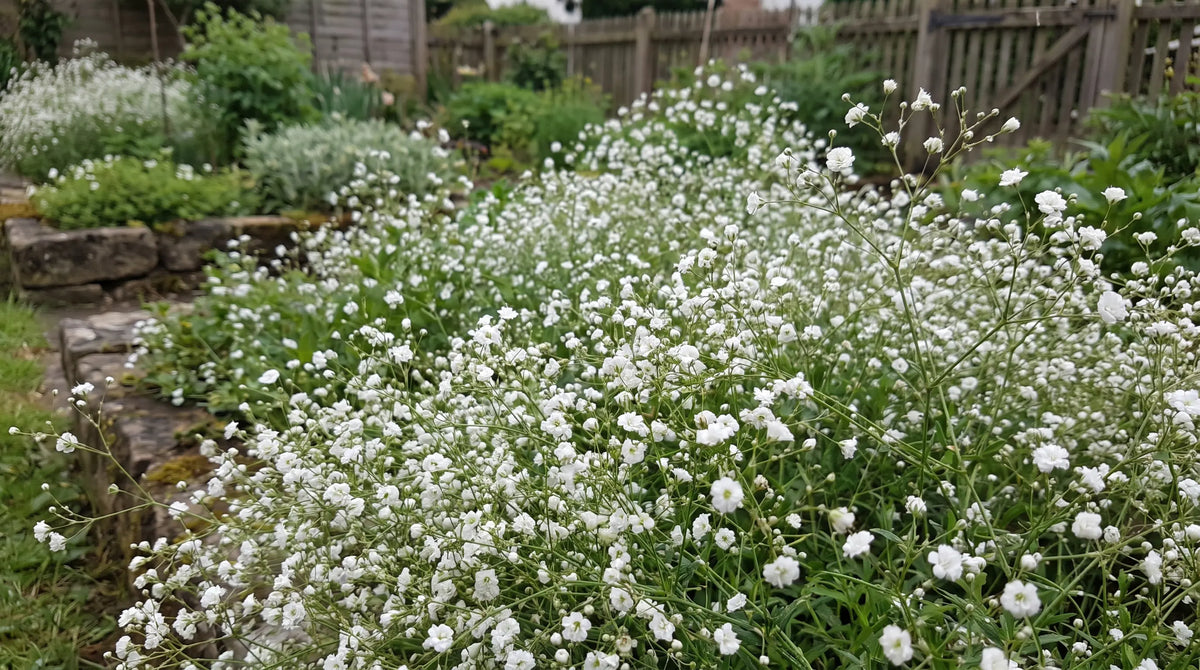 Airy white baby's breath (Gypsophila) in full bloom in a sunny garden bed