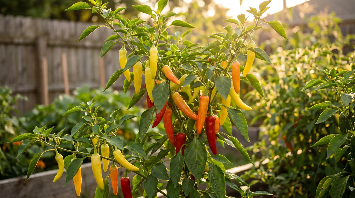 Banana Hungarian Sweet Wax pepper plant with long tapered yellow and orange-red fruit