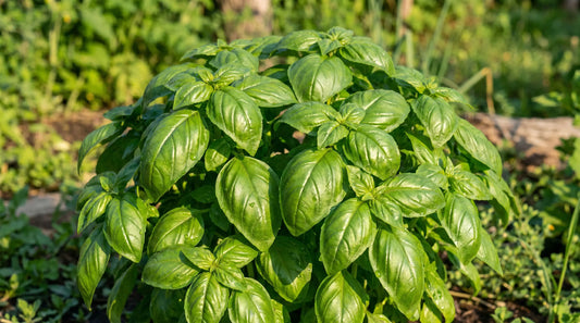 A lush, full-grown Genovese basil plant thriving in a sunny garden