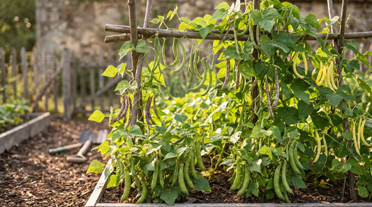 A thriving home garden bed of bean plants heavy with green pods in golden light