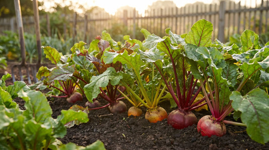 A thriving home garden bed of beets in a range of colors, from deep red to golden and candy-striped roots with leafy tops.
