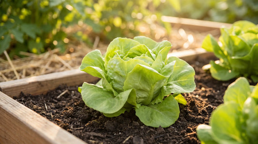 A healthy small Bibb butterhead lettuce plant with soft sweet green leaves in a sunny garden