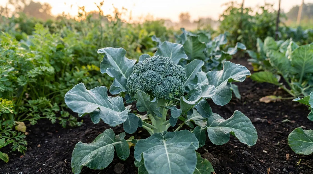 How to grow broccoli: a mature broccoli plant with a full head in the garden
