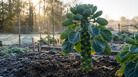 How to grow Brussels sprouts: a tall frost-dusted sprout plant in the garden