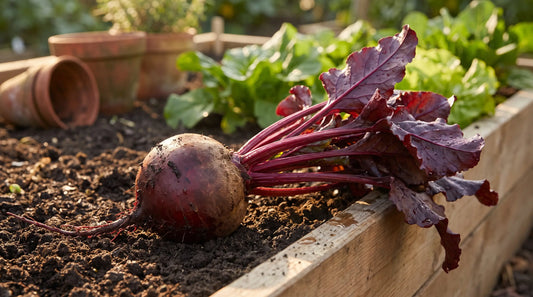 A Bull's Blood beet with a dark-red root and striking deep-red burgundy leaves in a sunny garden.