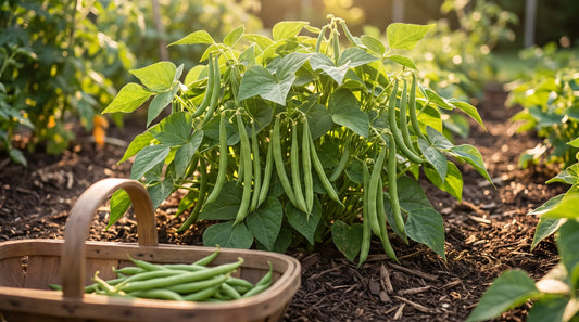 A healthy Bush Provider bean plant covered with tender green snap pods