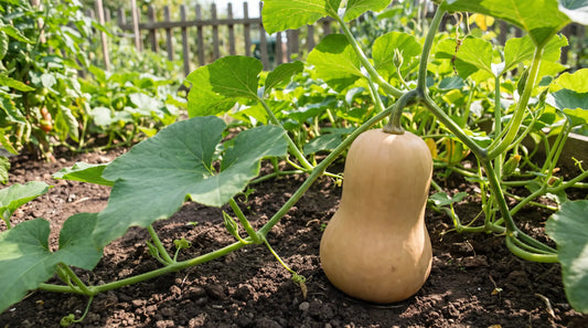 How to grow butternut squash: a ripe butternut on the vine