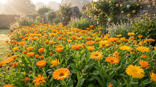 Calendula in full bloom in a sunny cottage garden