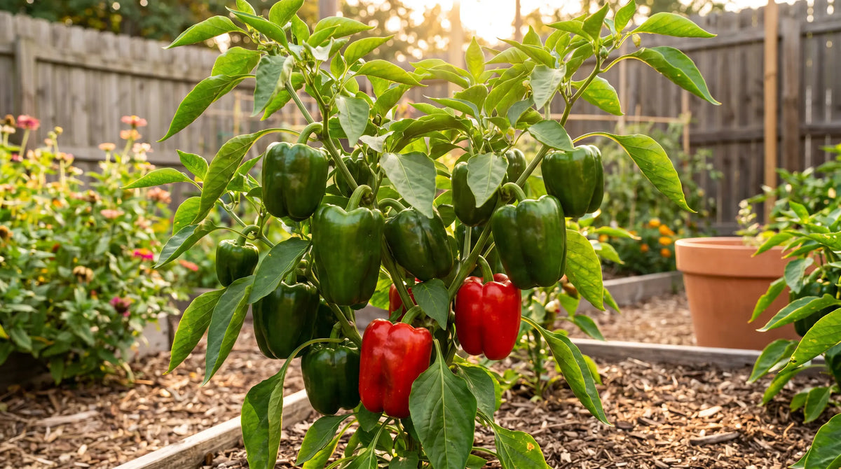 California Wonder heirloom bell pepper plant with glossy green and red blocky fruit