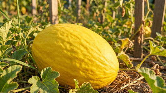 A bright canary-yellow melon with a smooth wrinkled rind ripening in a sunny garden
