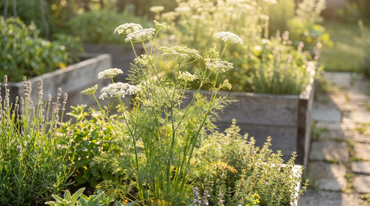 Mature caraway plant in bloom with white umbel flowers in a sunny herb garden