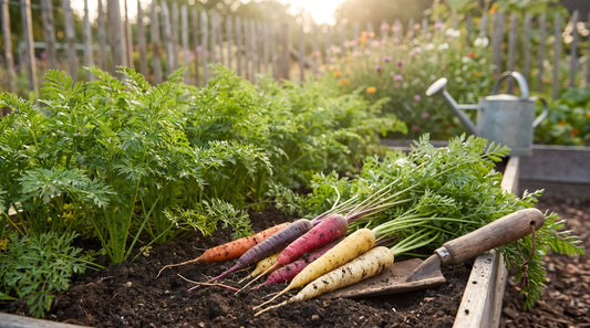 A thriving garden bed of carrots in orange, purple, red, yellow, and white