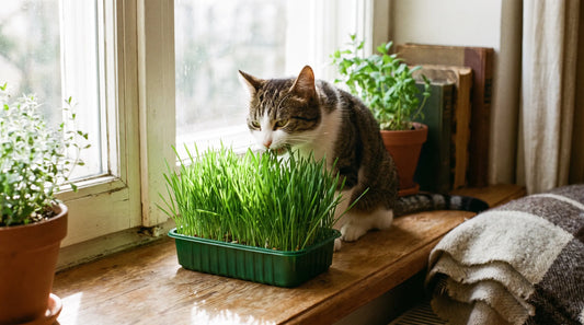 Lush tray of fresh green cat grass on a sunny windowsill with a cat nibbling the blades
