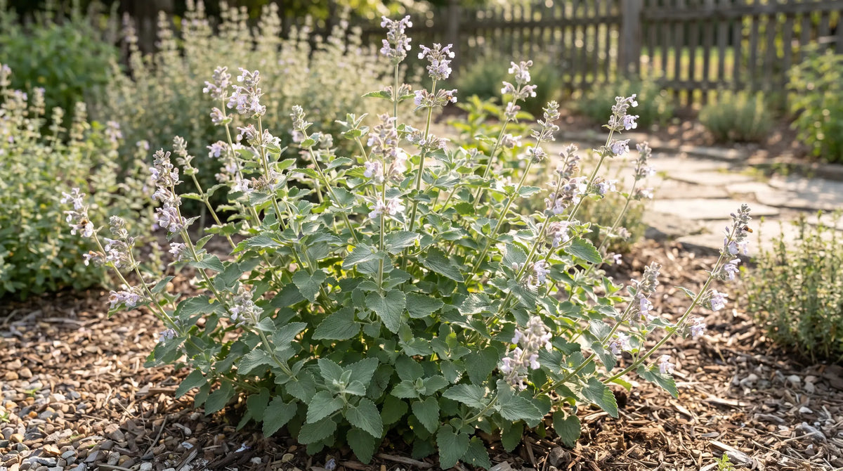 Mature catnip plant growing in a sunny herb garden