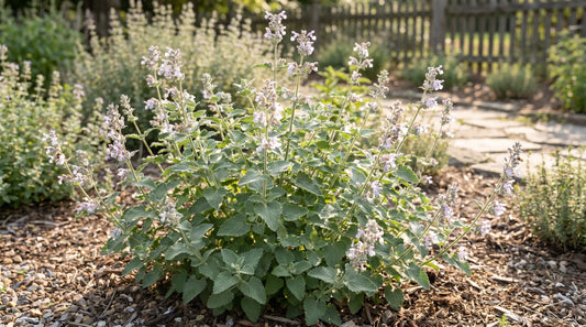 Mature catnip plant growing in a sunny herb garden
