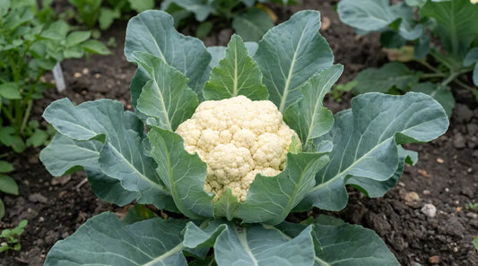 How to grow cauliflower: a mature white cauliflower head in the garden