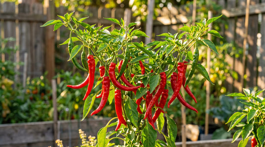 Cayenne pepper plant with ripe fruit