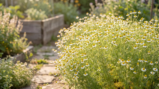 Full-grown German chamomile in full bloom in a sunny herb garden