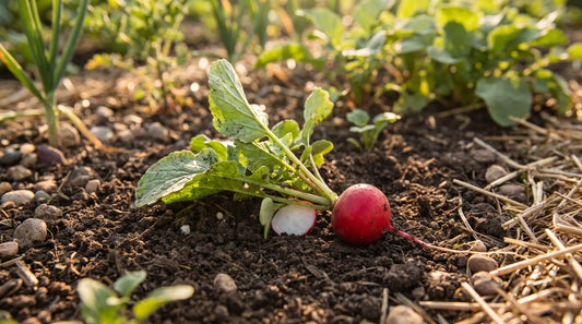 Cherry Belle radish freshly pulled in a sunny garden