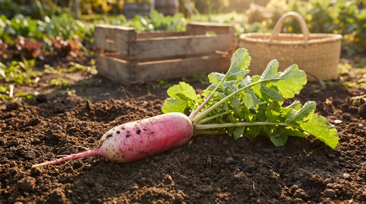 China Rose radish freshly pulled in a sunny garden
