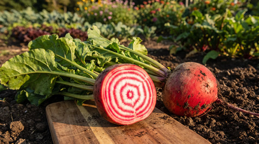 A Chioggia beet sliced to show its candy-striped red and white concentric rings beside a whole root.