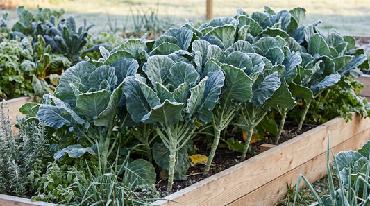 Mature collard greens growing in a home garden bed