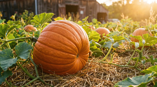 A ripe Connecticut Field pumpkin, deep orange and ribbed, on the vine