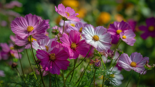 Cosmos flowers in full bloom in a sunny garden bed