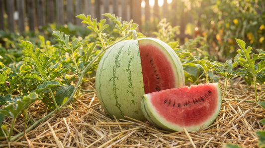 Crimson Sweet watermelon in the garden with a wedge cut to show deep red flesh