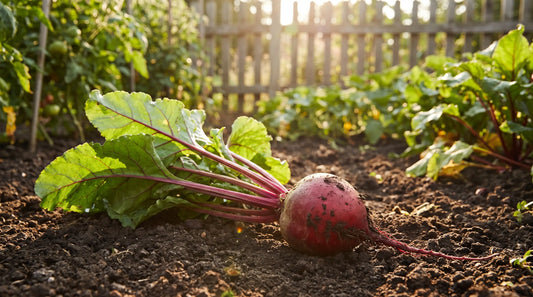 A Crosby's Egyptian beet showing its early, slightly flattened red root and tender green tops.