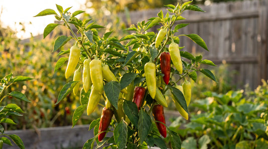 Cubanelle pepper plant with long light yellow-green fruit