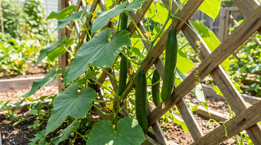 How to grow cucumbers: a healthy cucumber vine climbing a trellis