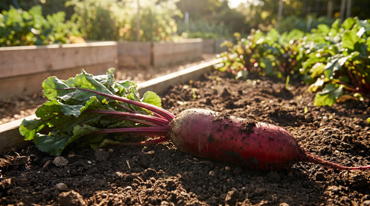 A Cylindra beet showing its long cylindrical deep-red root and green tops in a sunny garden.