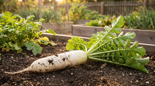 Daikon radish freshly pulled in a sunny garden