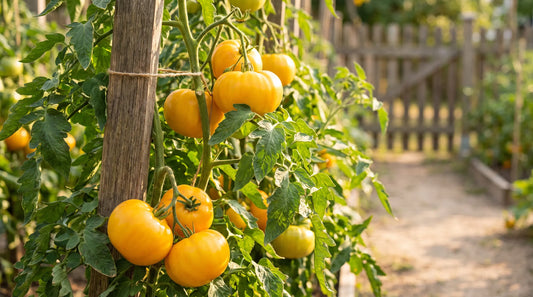 Dr. Wyche's Yellow tomato plant with ripe fruit