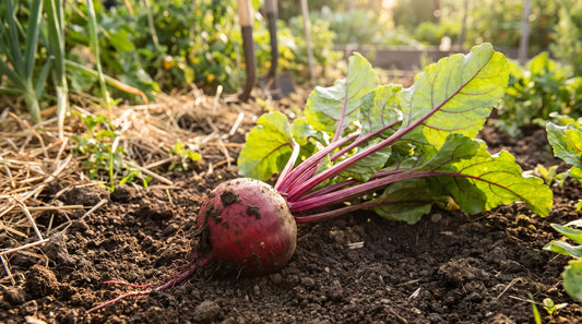 An Early Wonder beet with a round red root and lush green tops in a sunny garden.