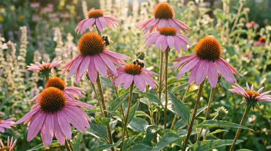 Full-grown purple coneflower echinacea in full bloom in a sunny perennial garden