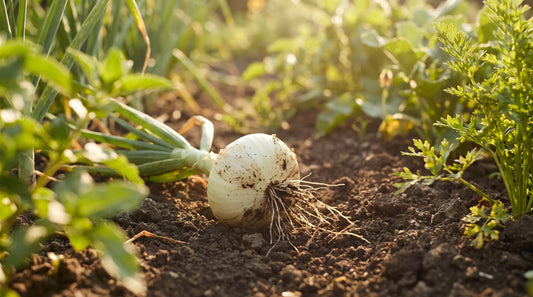 A freshly pulled Eclipse onion showing its flattened white bulb and roots