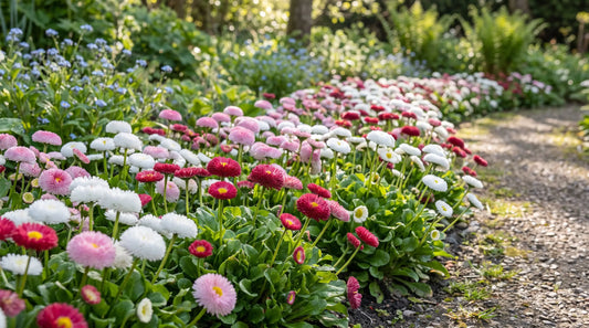 How to grow English daisy: a border of Bellis perennis in bloom