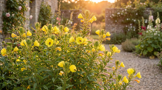 How to grow evening primrose: mature Oenothera biennis with lemon-yellow blooms in a sunny garden at dusk